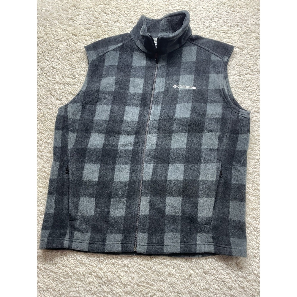 Columbia Black Gray Checked Fleece Vest Men's Large EUC
